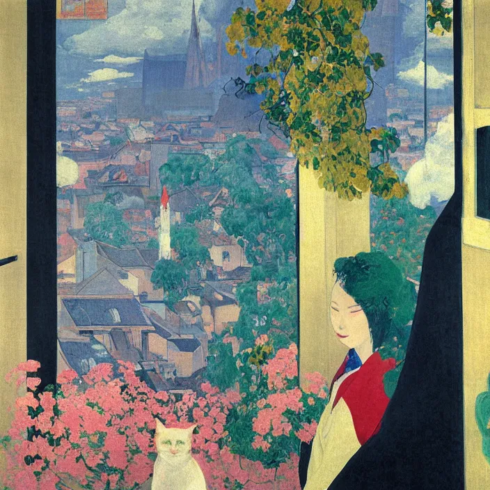 Image similar to portrait of woman in colorful kimono, white cat and house plant with city with gothic cathedral seen from a window frame with curtains. thunderstorm. agnes pelton, caspar david friedrich, bonnard, henri de toulouse - lautrec, utamaro, matisse, monet