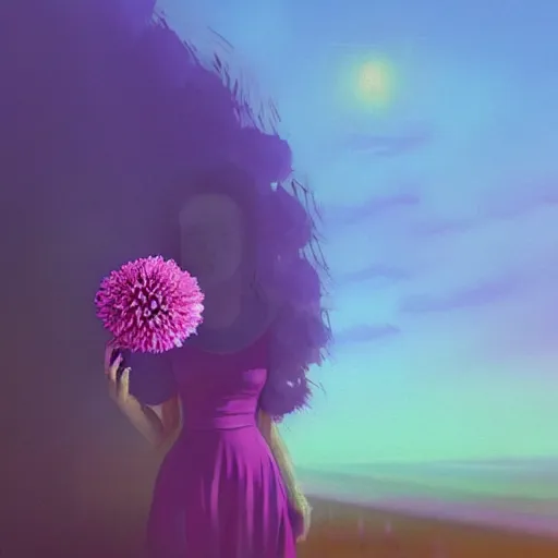 Image similar to portrait, giant purple dahlia flower head, woman in oasis, surreal photography, sunrise, blue sky, dramatic light, impressionist painting, digital painting, artstation, simon stalenhag