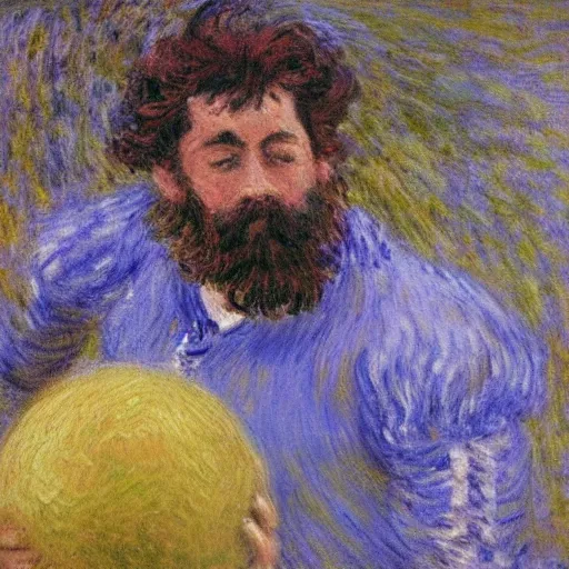 Image similar to monet painting of a bearded man getting hit in the groing with a soccer ball, highly detailed, realistic,