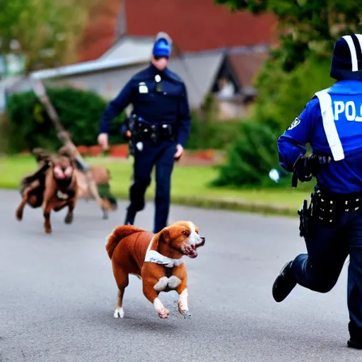 Image similar to a dog wearing a policeman uniform, chasing a robber down a street, polarid