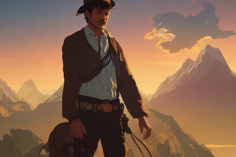 Image similar to old pedro pascal as a cowboy, single subject, mountaineous background, scenic full shot, ambient lighting, detailed face, by makoto shinkai, stanley artgerm lau, wlop, rossdraws