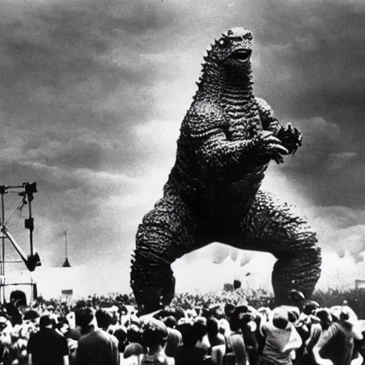 Prompt: a human sized Godzilla performing on stage at Woodstock, photo