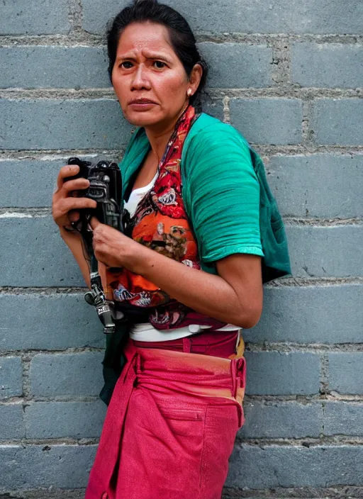 Prompt: Mid-shot portrait of a stylish 35-year-old woman from Guatemala, candid street portrait in the style of Martin Schoeller, strong red and greens, award winning, Sony a7R