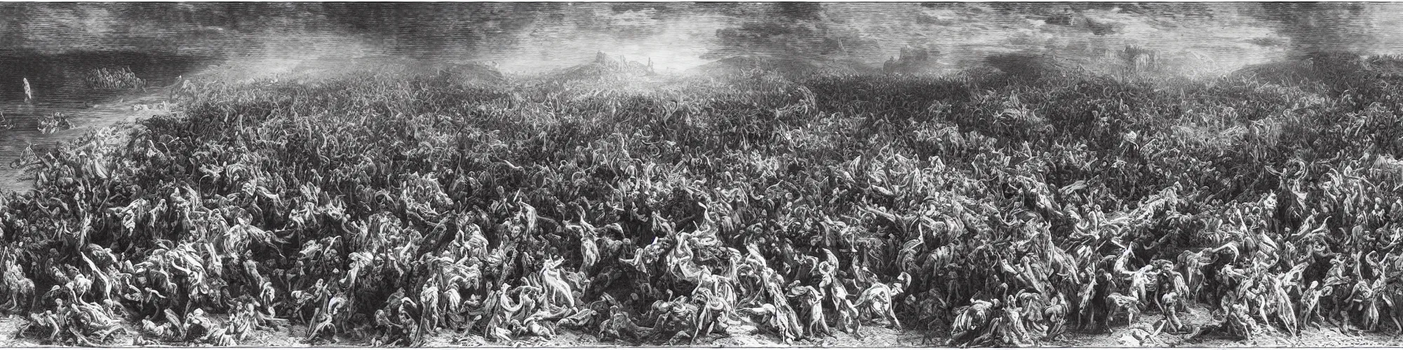 Image similar to aerial view, the biblical crossing of the red sea, Gustave Dore lithography