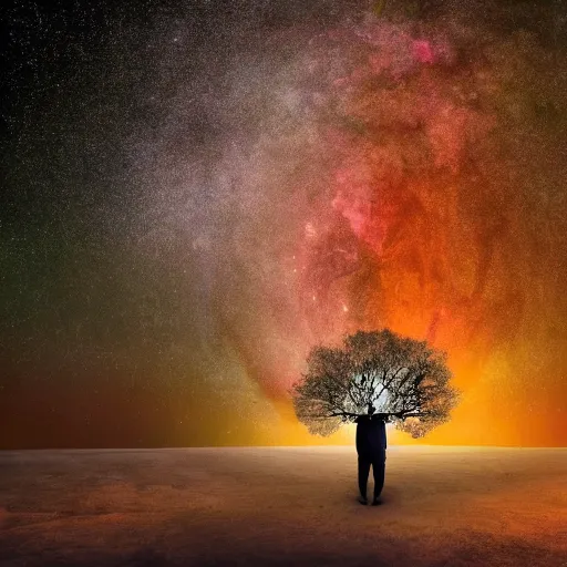 Image similar to a human man standing next to a cosmic tree, a sense of awe, amazement, monogon, plasma display, damascus, morph, in a symbolic and meaningful style