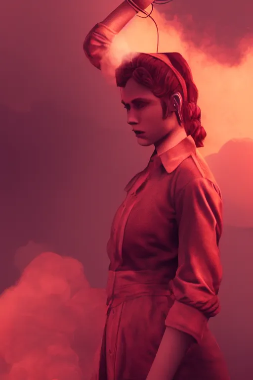 Prompt: a vintage photograph of a communist girl, strong subsurface scattering, red smoke, gold cables, dramatic lighting, stunning scene, highly detailed, concept art, octane render, trending on artstation