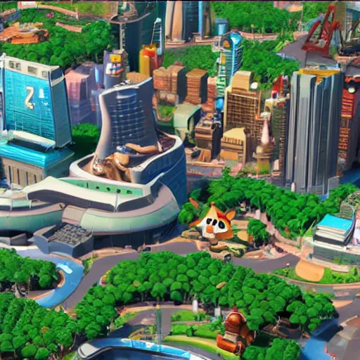 Prompt: The isometric perspective and UI of the PC game SimCity, applied to Zootopia by Disney.