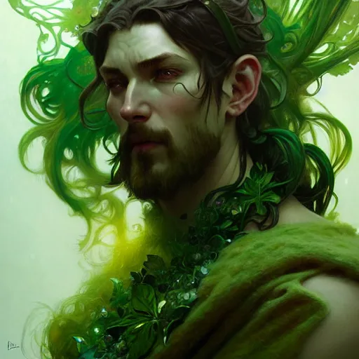 Image similar to Green Man, druid, fantasy, intricate, elegant, highly detailed, digital painting, artstation, concept art, smooth, sharp focus, illustration, art by Krenz Cushart and Artem Demura and alphonse mucha