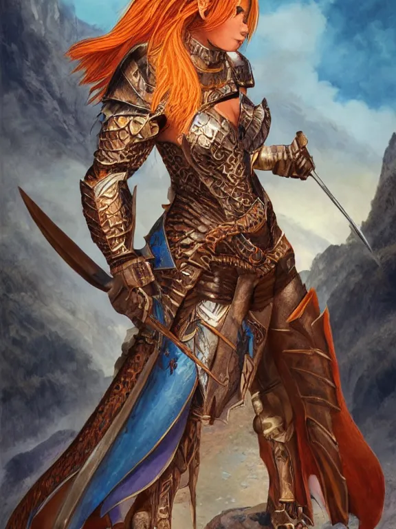 Prompt: sideview of a dnd dragonhunter in the mountains, female, draconic blue armor, red hair, pretty, fire, brown skin, high fantasy, detailed face, highly detailed, sharp focus, smooth, digital illustration, by clyde caldwell