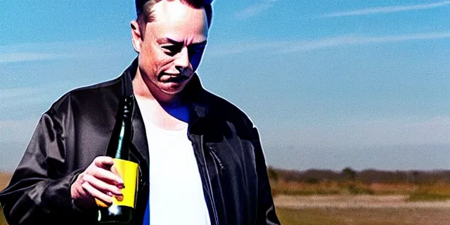 Image similar to full distant shot of balding elon musk in a tracksuit drinking beer in dirty cheap old trailer, by ken loach