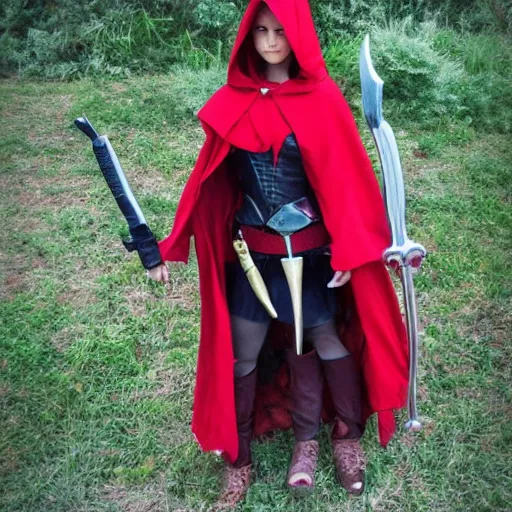 Image similar to full shot photo of red riding hood warrior with weapons