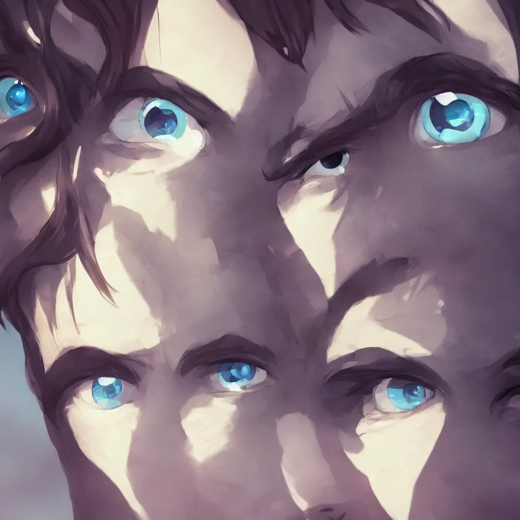 Image similar to fish eye lens close up of a man side eyeing the camera with a sympathetic look, style of makoto shinkai and artgerm and loish, dynamic lighting, trending on artstation, best of behance,