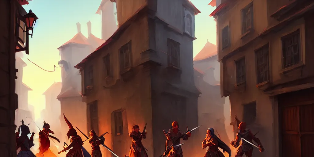 Image similar to an exciting fantasy street battle within a fascinating old city, soldiers fighting, narrow streets, old buildings, by Sylvain Sarrailh, cinematic, simple but effective composition, clean lines, beautiful digital painting, oil painting, detailed, dungeons and dragons, lord of the rings