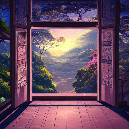 Image similar to a heavenly dream view from the interior of my symmetrical world of macroscopic plants from a Makoto Shinkai oil on canvas inspired pixiv dreamy scenery art majestic fantasy scenery cozy window frame fantasy pixiv scenery art inspired by magical fantasy exterior