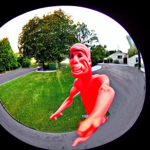 Prompt: Stretch Armstrong at your front door ,taken from a ring camera, fish eye lens