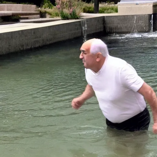 Image similar to mid white hair old man with green shirt and white short, jumping in the water with kevin o'leary