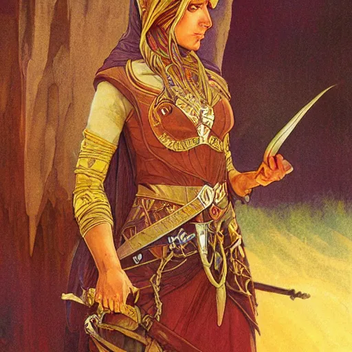 Image similar to Emeth the elven desert bandit. Arabian style. Epic portrait by james gurney and Alfonso mucha (lotr, witcher 3, dnd).