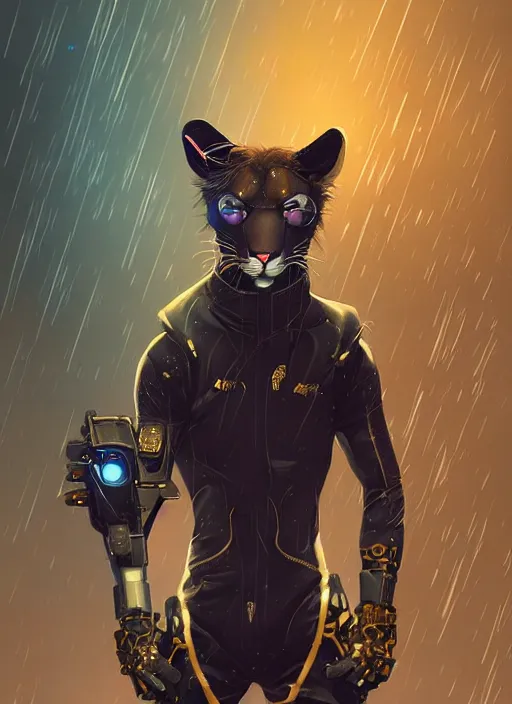 Image similar to award winning beautiful portrait commission of a male furry anthro mountain lion fursona with a tail and a cute beautiful attractive detailed furry face wearing stylish black and gold cyberpunk clothes in a cyberpunk city at night while it rains. Character design by charlie bowater, ross tran, artgerm, and makoto shinkai, detailed, inked, western comic book art