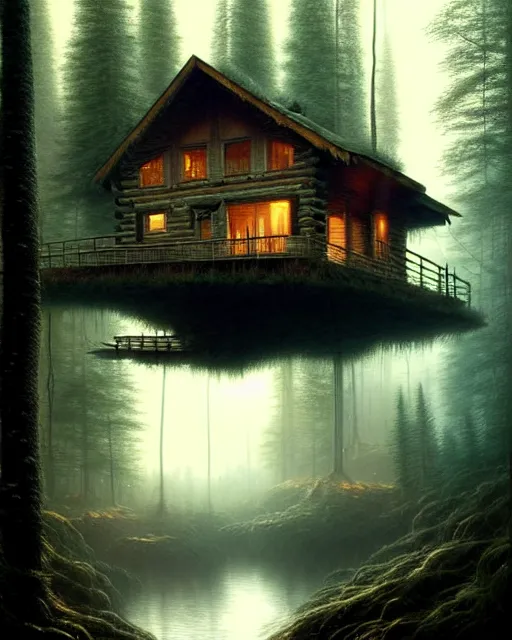 Image similar to a hyper - detailed 3 d render like an oil painting of cabin in the woods floating inside our own consciousness!!!!! surreal concept art, lifelike, photorealistic, digital painting, aesthetic, smooth, sharp focus, artstation hd, by greg rutkowski, bruce pennington, valentina remenar, rhads, asher duran,