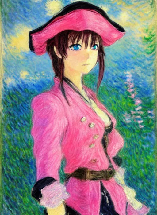 Image similar to a portrait of a female pirate, pink uniform, very anime in impressionist style, anime trending artwork, anime painter studio, by claude monet