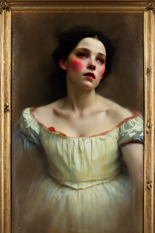 Prompt: soft colorsphotograph imax and solomon joseph solomon and richard schmid and jeremy lipking victorian loose genre loose painting full length portrait painting of snow white disney