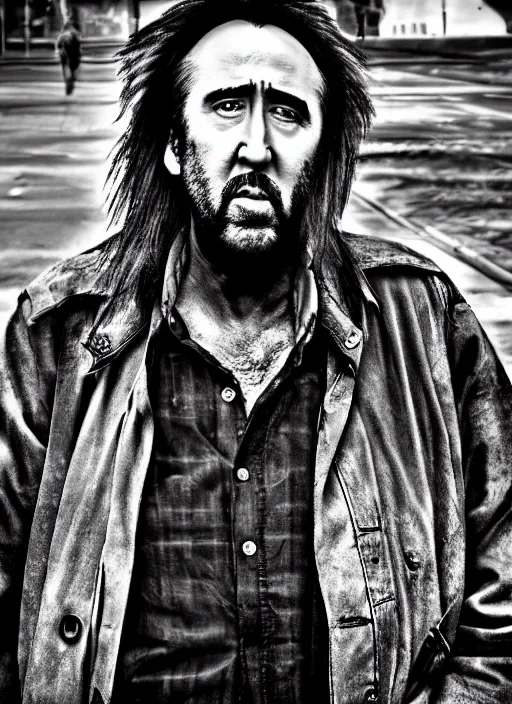 Image similar to Homeless portrait Nicolas Cage in scrappy clothing, HD, award winning photograph