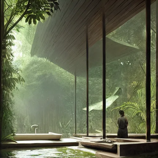 Prompt: exterior bathroom in the jungle designed by louis kahn, poetic architecture, greg rutkowski, digital painting, artstation