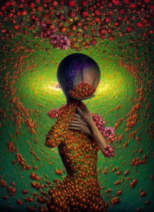 Image similar to hyper detailed 3d render like a Oil painting - Aurora (Singer) Eats of the Strangling Fruit and Her gossamer polyp blossoms bring iridescent fungal flowers whose spores black the foolish stars by Jacek Yerka, Mariusz Lewandowski, Houdini algorithmic generative render, Abstract brush strokes, Masterpiece, Edward Hopper and James Gilleard, Zdzislaw Beksinski, Mark Ryden, Wolfgang Lettl, hints of Yayoi Kasuma, octane render, 8k