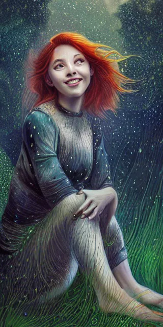 Prompt: infp young woman, smiling, amazed by golden fireflies lights, sitting in the midst of nature fully covered, long loose red hair, intricate linework, green eyes, small nose with freckles, oval shape face, realistic, expressive emotions, dramatic lights mystical scene, hyper realistic ultrafine art by michael cheval, jessica rossier, boris vallejo