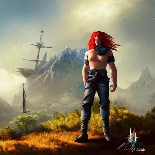 Prompt: male sky-pirate with long red hair standing in front of an airship, high detail face, realistic, ultra detailed, shallow focus, forest, mountains in the background concept art design as if designed by Wētā Workshop