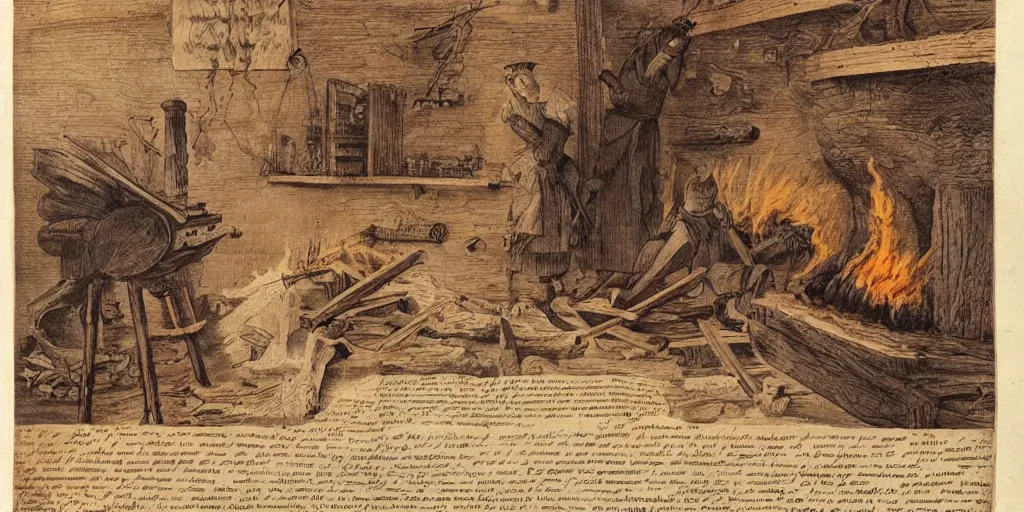 Prompt: old scientific document, how to make fire, in rich color, aged paper, texture, highly detailed, lots of pictures, close up