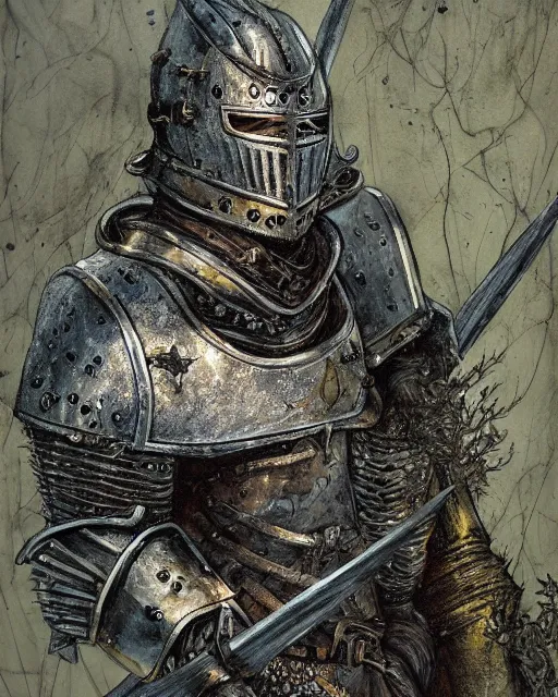 Image similar to a hyper realistic painting of a knight in armor made out of rotting metal, pale colors, fog, dark fantasy, cinematic lighting, nighttime, by rebecca guay