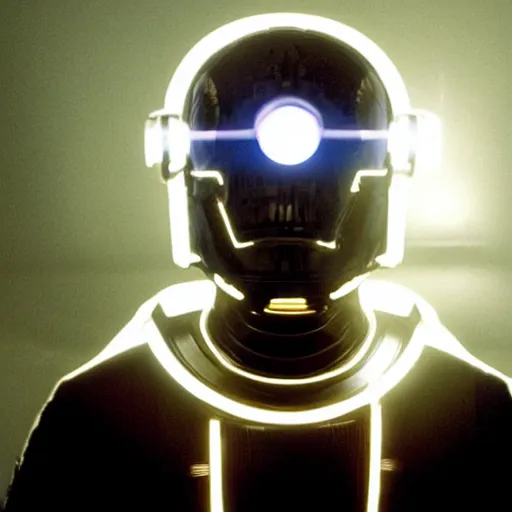 Image similar to movie still of a man with a glowing cyborg helmet, cinematic composition, cinematic light, by edgar wright and david lynch