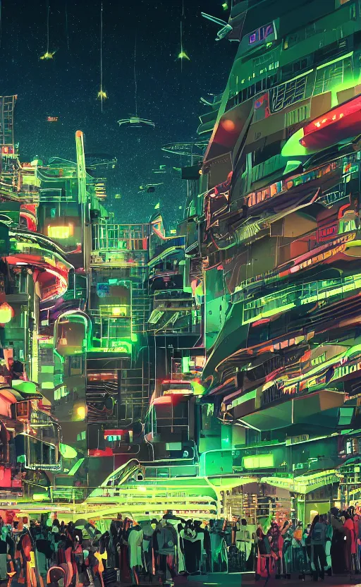 Prompt: lively futuristic sci-fi city superstructure, neon lights and illuminated windows, grungy textured graffiti, crowds of people, flying starships, cinematic street view, long sight lines with starry sky, clean 8k sci-fi illustration, trending on art station