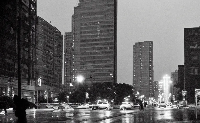 Image similar to 70s movie still of a soviet street with pedestrians with soviet high rise in the backround , Cinestill 800t 18mm beuatiful black and white, heavy grainy picture, very detailed, high quality, 4k panoramic, dramatic lightning, neon billboards and streetlight at night, rain, mud, foggy