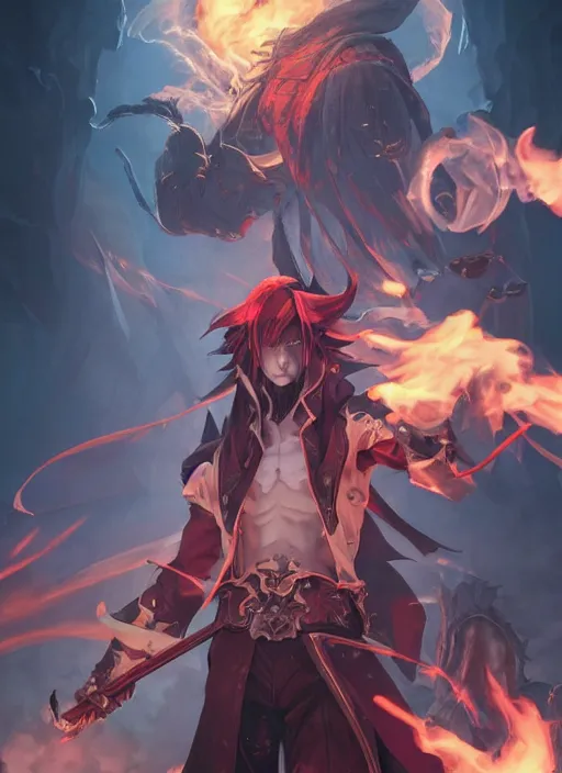 Prompt: necromancer with fire and smoke and thunder, attarctive face, handsome man, anime key visual, final fantasy, highly detailed, sharp focus, concept art, league of legends, style by shumolly and monable and artgerm and greg rutkowski and jo chen and makoto shinkai and kyoto animation and alphonse mucha