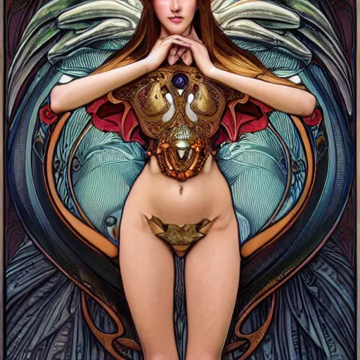 Image similar to 3/4 body portrait of the firedragon queen by artgerm and H R Giger and alphonse mucha, HD, full body dragon concept, flying dragon, Human body with dragon features, beautiful queen, perfect face, perfect body, 10/10 would dream again, fantasy, intricate, elegant, highly detailed, digital painting, artstation, concept art, smooth, sharp focus, illustration, ray tracing, 4k realistic 3d rendered portrait, soft shading, soft colors, relaxed colors, hyperdetailed, wide angle lens, fantasy, futuristic horror, armor style of giger