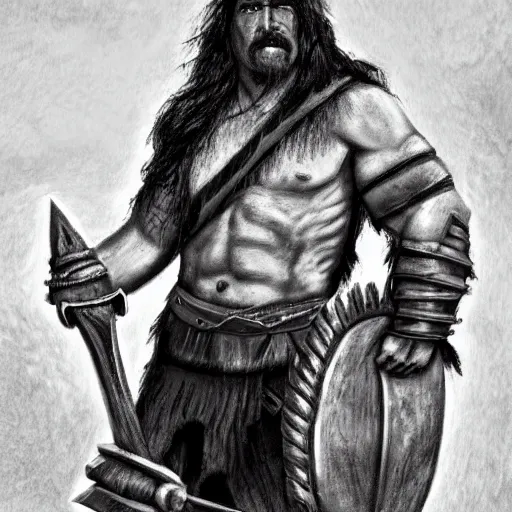 Prompt: portray of fantasy barbarian with horseshoe mustache. sad and remorseful