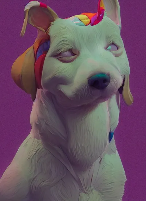 Image similar to colourful caricature - 3 d vfx art - of a dog, art style by james jean & hsiao - ron cheng, character concept art, unreal engine render, digital illustration, sharp, intricate detail, volumetric light, ray tracing, soft light, symmetric, pinterest, artstation, behance,