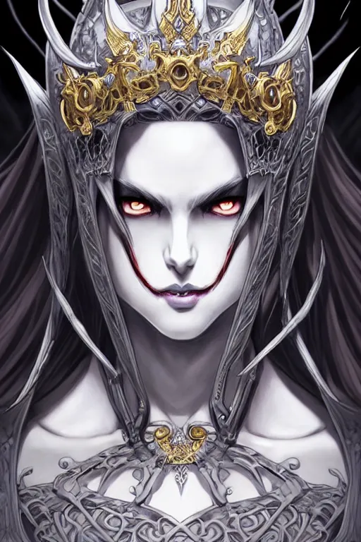 Prompt: one beautiful demon queen woman only, evil smile, manga style only, black white and gold colors only, symmetrical face, symmetrical full body, demonic, cinematic, powerful, super detailed and intricate, hyper realistic, 4 k render, by artgerm, by kyoung hwan kim, by ralph mcquarrie, by yoshiyuki tomino