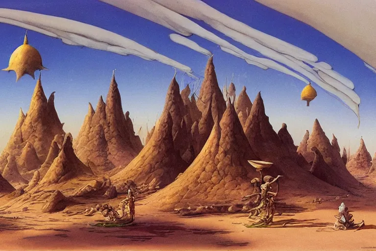 Prompt: “A fantasy desert landscape with an airship by Rodney Matthews and Roger Dean”