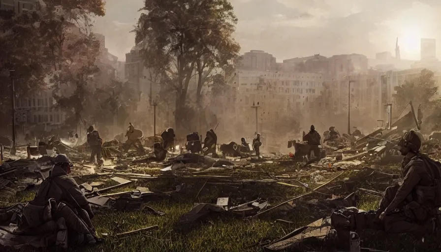 Prompt: men with rifles looking at the sun while sitting in the grass, washington dc square, destroyed city, collapsed buildings, vegetation, debris, fallen apartments, volumetric light, hyperdetailed, artstation, cgsociety, 8 k