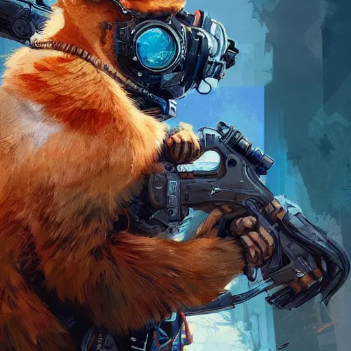 Prompt: ginger cat as apex legends character, digital illustration portrait design, by android jones and greg rutkowski, retrowave color scheme, detailed, cinematic lighting, wide angle action dynamic portrait