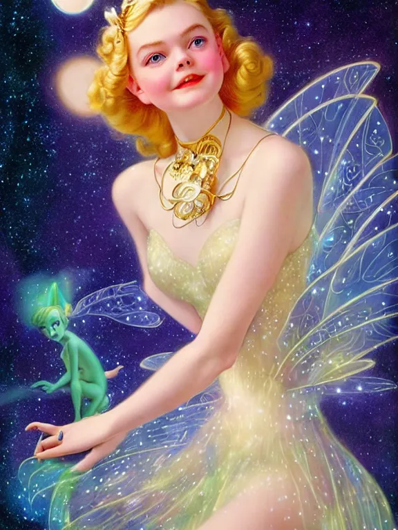 Prompt: elle fanning as tinkerbell glowing, a beautiful art nouveau portrait by Gil elvgren and Hajime Sorayama, moonlit starry sky environment, centered composition, defined features, golden ratio, gold jewlery, photorealistic professionals lighting, cinematic, sheer