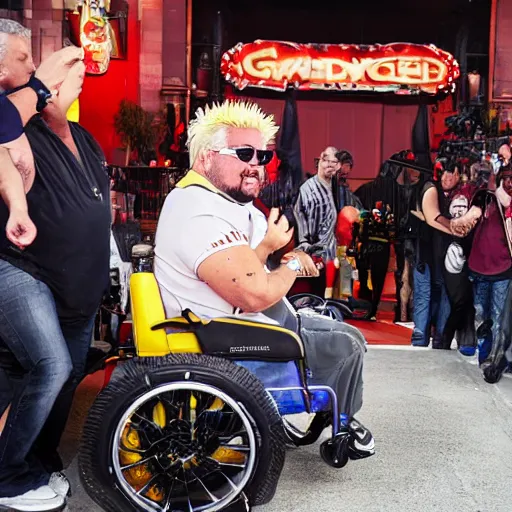 Prompt: guy fieri in a wheel chair, going down stairs, action, hd