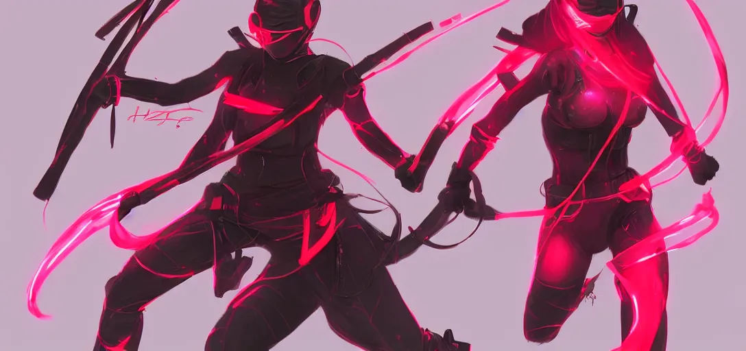 Image similar to A female ninja red neon concept art Hicham Habchi, very detailed, high quality