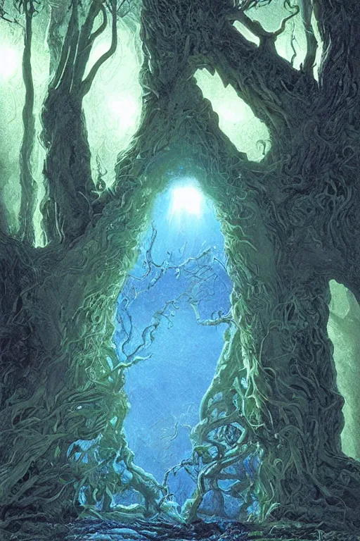 Prompt: a glowing portal to the underworld in a big old tree, concept art by michael whelan