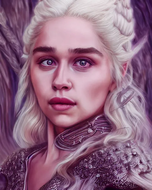 Image similar to closeup portrait happy beautiful daenerys targaryen with long blonde windblown hair and dragonskin armor, standing on a ledge of a mountain, pink lipstick, glamour pose, detailed illustration, digital art, trending on artstation, yoshitaka amano, daniel merriam, arney freytag