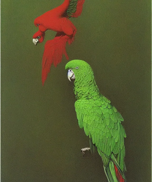 Image similar to beautiful emerald green parrot with red aura and eyes, by zdzisław beksinski, by gustave dore