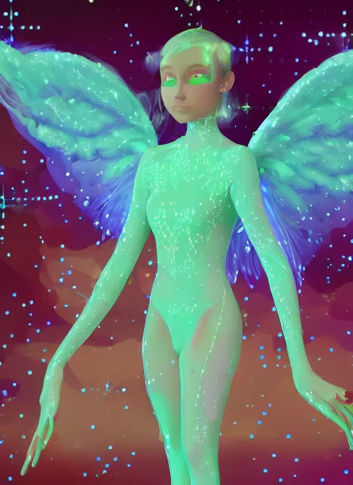 Prompt: a suited angel spirit being, covered with pastel glitter glue slime, fashion model pose, full body maximalist cosmic eldritch character design, early computer graphics